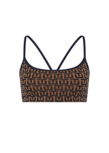 THE UPSIDE women's navy & camel recycled jacquard Castilla Bowie Bra is a supportive and comfortable fit in our castilla "TU" design and features a scooped front neckline with t-bar back and removable cups. Made for yoga & pilates.