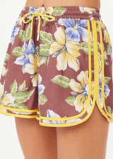 THE UPSIDE women's floral Isla Klio Short offers a relaxed fit in our vintage Isla hibiscus design and features a soft elasticated waistband and yellow drawcord. Made for lifestyle.