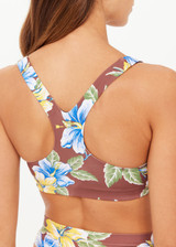 THE UPSIDE women's floral recycled supersoft Isla Racerback Vala Bra features a scoop neckline,  removable cups and contrast yellow binds down side. Made for yoga & pilates.