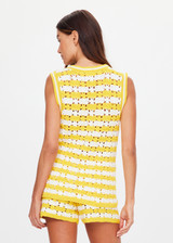 THE UPSIDE women's yellow organic cotton Goldie Watson Crochet Vest is designed for a regular fit and features a hand crocheted flower design and pearl shell buttons. Made for lifestyle.