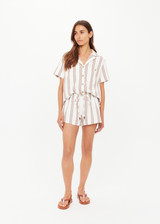 THE UPSIDE women's mocha stripe organic cotton Baja Elias Short is designed for a low rise, regular fit and features a elastic waistband with drawcord. Made for lifestyle.