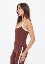 THE UPSIDE women's brown recycled rib Rhythm Caleb Tank Top features a shelf bra with removable cups and cream and yellow binds along neckline. Made for yoga & pilates.