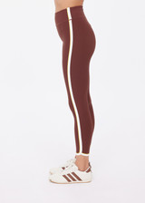 THE UPSIDE women's brown recycled rib Rhythm 25inch Legging has a mid-rise fit and features cream and yellow binds along side seams. Made for yoga & pilates.
