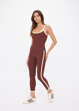 THE UPSIDE women's brown recycled rib Rhythm 25inch Legging has a mid-rise fit and features cream and yellow binds along side seams. Made for yoga & pilates.