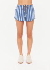 THE UPSIDE women's blue stripe Palmas Helena Short is designed for a relaxed fit and features an elasticated waistband with drawcord and side pockets. Made for lifestyle.