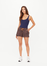 THE UPSIDE women's leopard recycled Ludlow Billie Run Short offers a mid-rise fit, designed with side seam pockets and an orange drawcord with rubber dipped ends. Made for running.