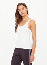 THE UPSIDE women's cream organic cotton Del Rey Pointelle Tank Top features a scooped lace trim neckline with a soft ribbed fabrication. Made for everyday wear.