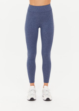 THE UPSIDE women's blue Bowery 25Inch Legging features ultraflex recycled fabrication with a mid-rise and cream embroidered stripes down side seams. Made for yoga and pilates.