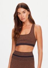 THE UPSIDE women's brown seamless Marle Seamless Jade Sports Bra offers full coverage with a scooped back, black stripe at underbust and removeable cups. Made for yoga & pilates.