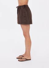 THE UPSIDE women's brown recycled Soho Dolci Short features a high-rise with a wide leg design, a drawstring waistband and front pockets in side seam. Made for lifestyle.