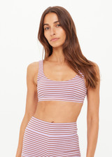 THE UPSIDE women's stripe jacquard Miami Scoop Neck Jasmine Bra features a low scooped neckline in a lilac and chocolate striped design, with removable cups. Made for swim.