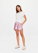 THE UPSIDE women's pink Mcgrath Billie Run Short is a mid-rise lightweight short in a metallic pink fabrication and features and side pockets and an elasticated waistband with drawcord. Made for lifestyle.