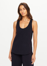 THE UPSIDE women's black recycled cotton Soho Jacquie Tank Top is designed for a relaxed fit and features a ribbed neckline and armhole. Made for everyday leisure.