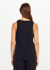THE UPSIDE women's black recycled cotton Soho Jacquie Tank Top is designed for a relaxed fit and features a ribbed neckline and armhole. Made for everyday leisure.