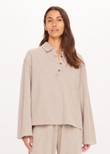THE UPSIDE women's grey recycled cotton Soho Rhea Collared Top features a relaxed fit and a brushed finish, button front opening and wide sleeve silhouette. Made for lifestyle.