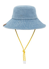 THE UPSIDE women's Washed Denim Bucket Hat features a wide brim silhouette, adjustable chin strap and topstitched detailing. Made for lifestyle.