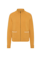 THE UPSIDE women's yellow organic cotton Bonito Dylan Knit Jacket offers a relaxed fit and features raglan sleeves, front patch pockets and contrast stripe detailing. Made for lifestyle.