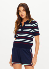 THE UPSIDE women’s stripe 100% organic cotton Archie Collared Knit Polo is true to size and features a striped rib collar, button front closure and ribbed hem. Made for tennis.