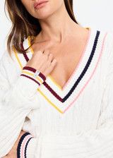 THE UPSIDE women’s cream 100% organic cotton Josette V Neck Knit Sweater is a regular fit cable knit and features a striped rib neckline and cuffs with contrast colour detailing. Made for lifestyle.
