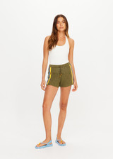 THE UPSIDE women's green organic cotton Brasilia Evie Crochet Short offers a true to size fit with a mid rise waist, crochet construction and adjustable drawcord with wooden bead detailing. Made for lifestyle.