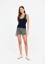 THE UPSIDE women's cream organic cotton blend Viva Jaya Knit Short features a mid rise fit and jacquard geo detailing with an embroidered arrow logo. Made for lifestyle.