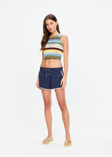 THE UPSIDE women's navy Lago Marlin Short crafted for a true-to-size low rise fit with side and back pockets, contrast binding and an adjustable drawcord waist. Made for lifestyle.
