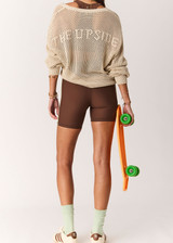THE UPSIDE women's brown Daytona 5inch Spin Short offers a soft and supportive fit with a mid rise waist, contrast side binding and adjustable drawcord. Made for yoga and pilates.