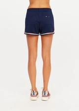 THE UPSIDE women’s navy recycled polyester Cleopatra Short features a mid rise elasticated waistband, curved hem with side splits, back pockets and contrast stripe tape detail. Made for lifestyle.