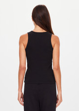 THE UPSIDE women's black organic cotton Bangalow Scoop Tank Top features a scoop neckline with high back in a ribbed fabrication and finished with an embroidered arrow at back. The perfect everyday tank, made to last.