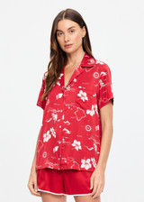 THE UPSIDE women's red  Dusty's Holiday Shirt is a short sleeve button-up in our holiday red and cream printed design and features a patch pocket on front chest. Made for lifestyle.