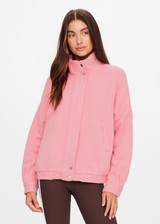 THE UPSIDE women’s pink organic cotton Bonita Carmen Moto Jacket is a relaxed-fit, zip-through style with a high neck and full lining. Made for lifestyle.
