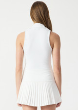 THE UPSIDE women’s white Game Greer Collared Tank Top is a soft, supportive fit with a low V-neck, bound armholes, collar and placket. Made for tennis.