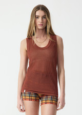 THE UPSIDE women's brown nylon viscose Wales Knit Tank Top is designed for a relaxed fit and features a basketball shape with ribbed neckline and armholes. Made for lifestyle.
