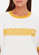 THE UPSIDE women’s natural organic cotton Morning Jacob Tee is an oversized fit with a butterscotch ribbed collar and Morning graphic printed at front chest. Made for lifestyle.