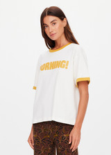 THE UPSIDE women’s natural organic cotton Morning Jacob Tee is an oversized fit with a butterscotch ribbed collar and Morning graphic printed at front chest. Made for lifestyle.