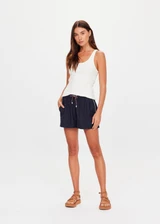 THE UPSIDE women's stripe Wool Iggy Short is a relaxed, mid-rise fit and features cream piping along side seams and maroon paracord drawcord. Made for lifestyle.