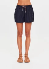 THE UPSIDE women's stripe Wool Iggy Short is a relaxed, mid-rise fit and features cream piping along side seams and maroon paracord drawcord. Made for lifestyle.