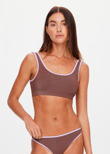THE UPSIDE women’s brown recycled nylon Galaxia Kora Scoop Bra offers mid coverage with a square neck, open back, metallic fabric and soft purple rib binds. Made for swim.
