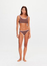 THE UPSIDE women’s brown recycled nylon Galaxia Kora Scoop Bra offers mid coverage with a square neck, open back, metallic fabric and soft purple rib binds. Made for swim.