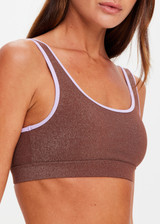 THE UPSIDE women’s brown recycled nylon Galaxia Kora Scoop Bra offers mid coverage with a square neck, open back, metallic fabric and soft purple rib binds. Made for swim.