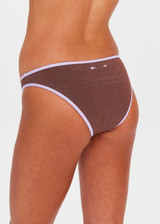 THE UPSIDE women’s brown Galaxia Moss Bikini Pant offers medium coverage with a high-shaped legline, full lining and soft purple rib binds. Made for swim.