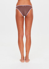 THE UPSIDE women’s brown Galaxia Moss Bikini Pant offers medium coverage with a high-shaped legline, full lining and soft purple rib binds. Made for swim.
