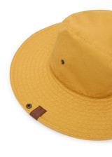 THE UPSIDE women's washed yellow cotton Billy Jean Wide Brim Hat is classic cowboy hat with optional upturned brim with snap buttons and an adjustable inner brim with ribbon.