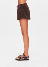 THE UPSIDE women's chocolate metallic Galaxia Marcella Short is a mid to low rise fit and features an elasticated waistband, a purple paracord drawcord and side seam pockets. Made for lifestyle.