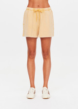 THE UPSIDE women's yellow Soho Dolci Short is designed for a high-rise, wide-leg silhouette with a elasticated waistband and front pockets, in soft brushed recycled cotton. Made for everyday leisure.