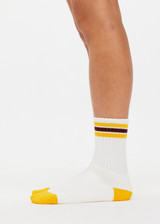 THE UPSIDE women's cotton multicoloured Limitless 3 Pack Sock with soft terry sole. The 3 pack features cream with pink & green stripes, cream with blue & dark blue stripes and cream with yellow & burgundy stripes.