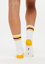 THE UPSIDE women's cotton multicoloured Limitless 3 Pack Sock with soft terry sole. The 3 pack features cream with pink & green stripes, cream with blue & dark blue stripes and cream with yellow & burgundy stripes.