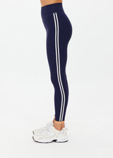 THE UPSIDE women's navy recycled peached Daytona 25 inch Legging is designed for a high-rise supportive fit and features contrast cream binds. Perfect for yoga.