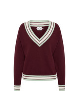 THE UPSIDE women's merlot organic cotton Josette V Neck Knit Sweater is a regular fit and features striped neckline in mint and white. Made for lifestyle.