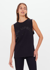 THE UPSIDE women's black organic cotton jersey Jeet Tank Top is a relaxed fit with folded detail and a printed horseshoe logo. The perfect everyday muscle tank.
